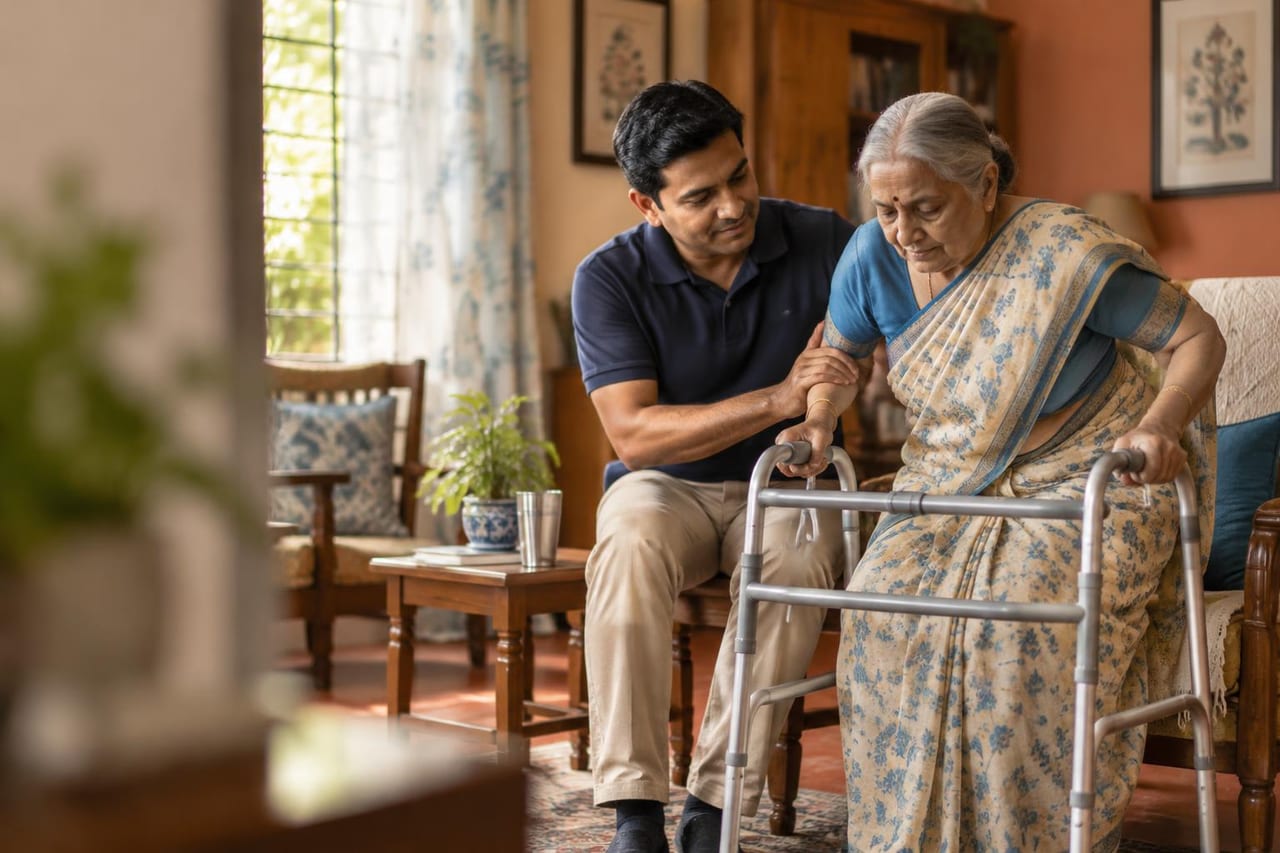A CGA caregiver helping an older person stand with a walking frame during a home-care visit