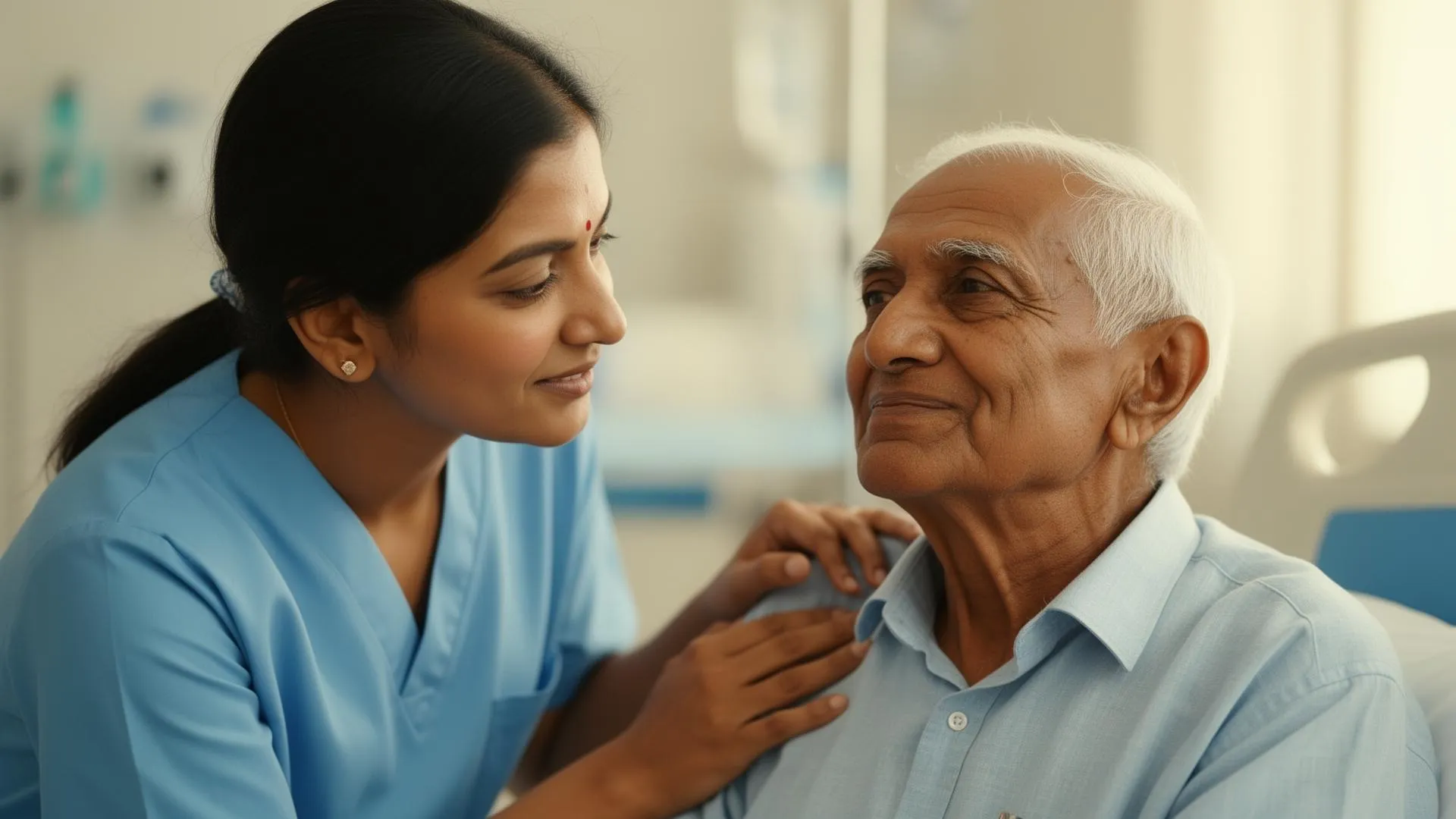 Young caregiver gently supporting an elderly patient