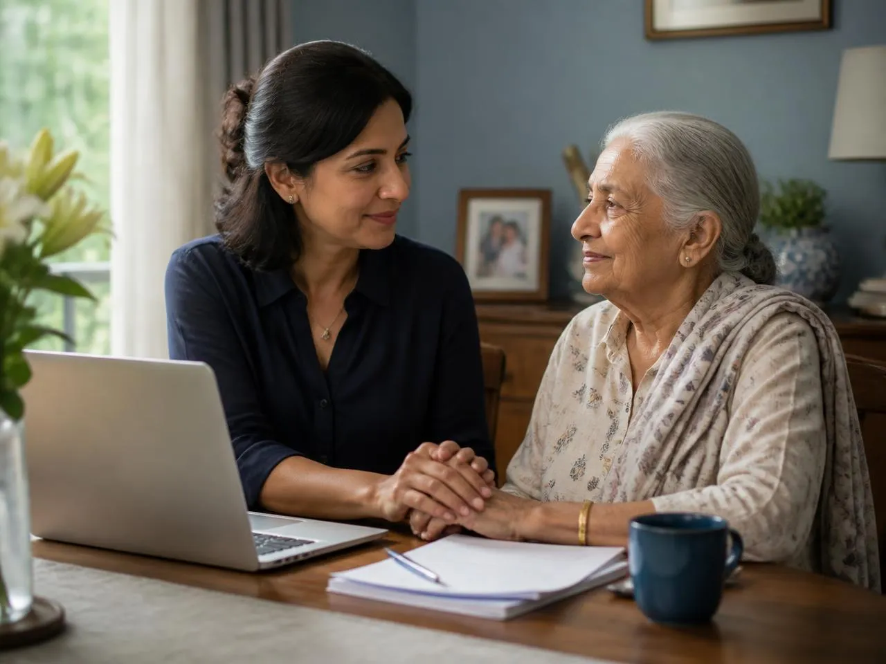 Working professional at a laptop holding her elderly mother's hand at a dining table